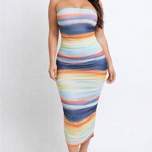 CAUTION TO THE WIND Strapless Ombre Mesh Bodycon Midi Tube Dress